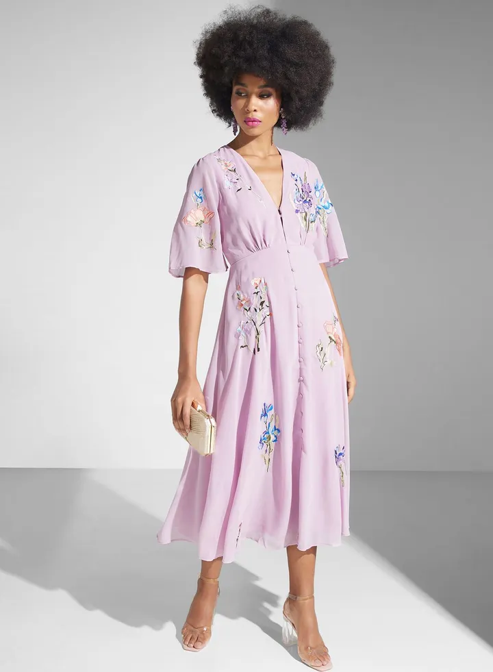 Embroidered Button Detail Flutter Sleeve Dress