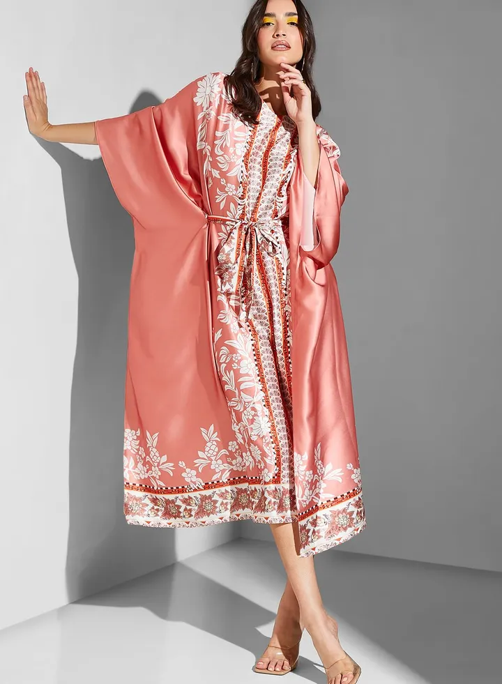 Cape Sleeve Floral Print Tie Abaya