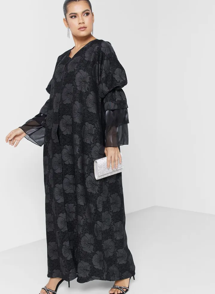 Ruched Ruffle Sleeve Abaya