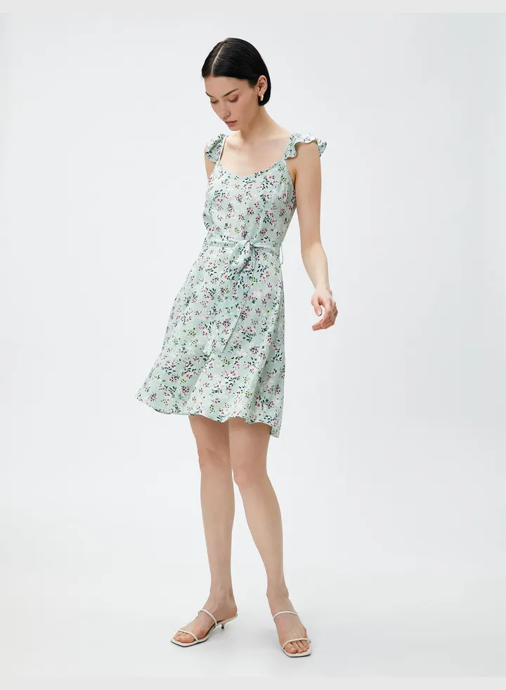 Floral Short Dress Waistbanded Strappy