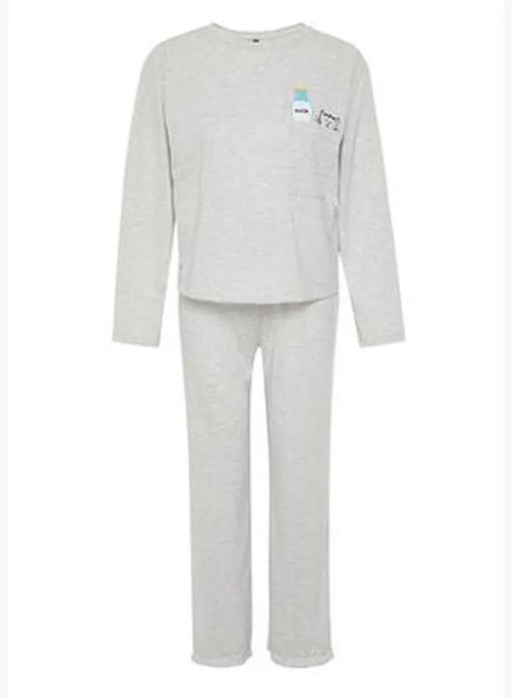 Gray Animal Single Jersey Knitted Pajamas Set
