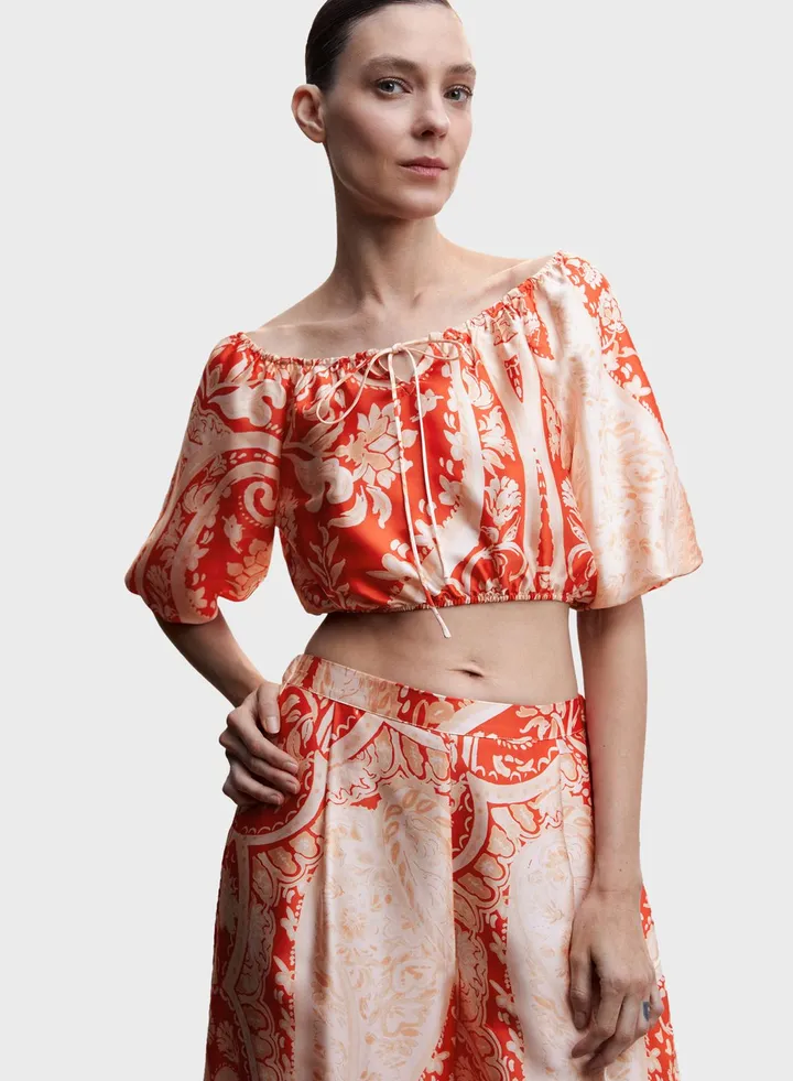 Balloon Sleeve Bardot Printed Crop Top