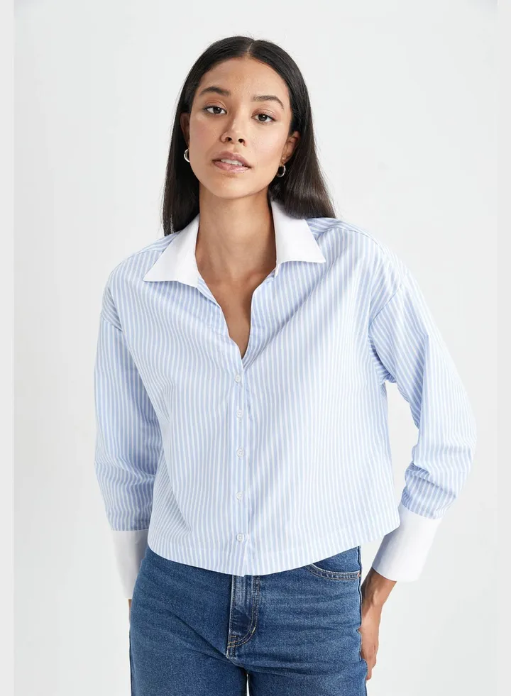Cropped Fit Long Sleeve Button Down Shirt