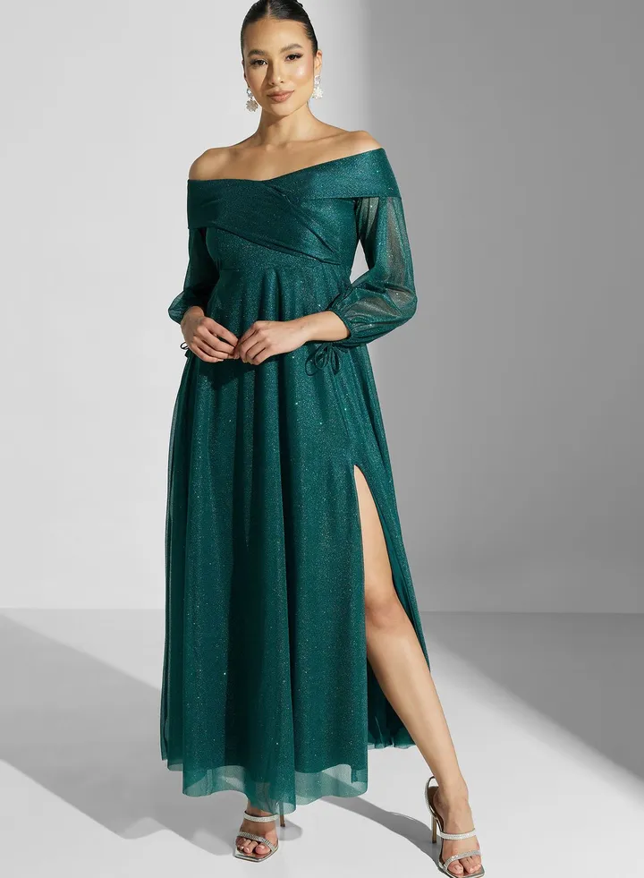 Off Shoulder Shimmer Dress With Slit