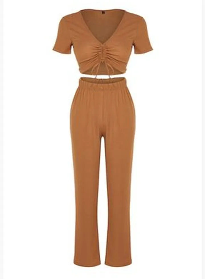 Dark Beige Gathered Detailed Cress Tshirt-Pants Knitted Pajamas Set