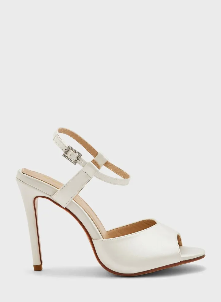 Satin Diamante Buckle Ankle Strap Sandal