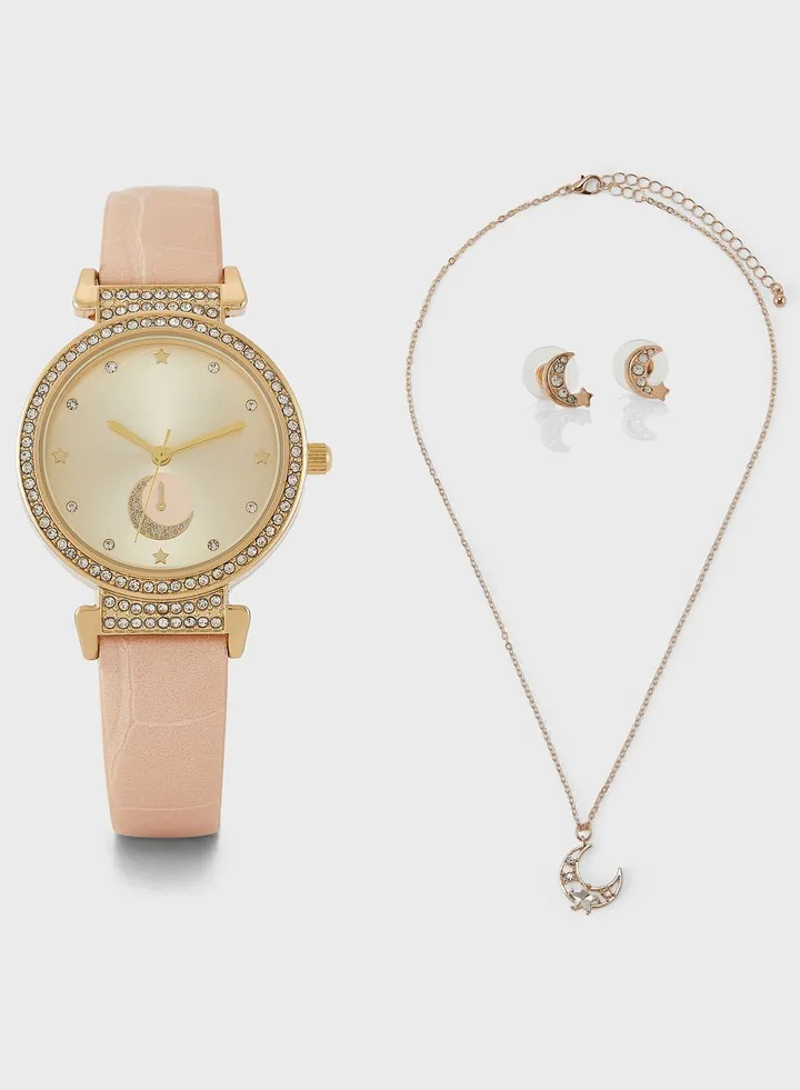 Stone Watch, Earrings And Necklace Gift Set