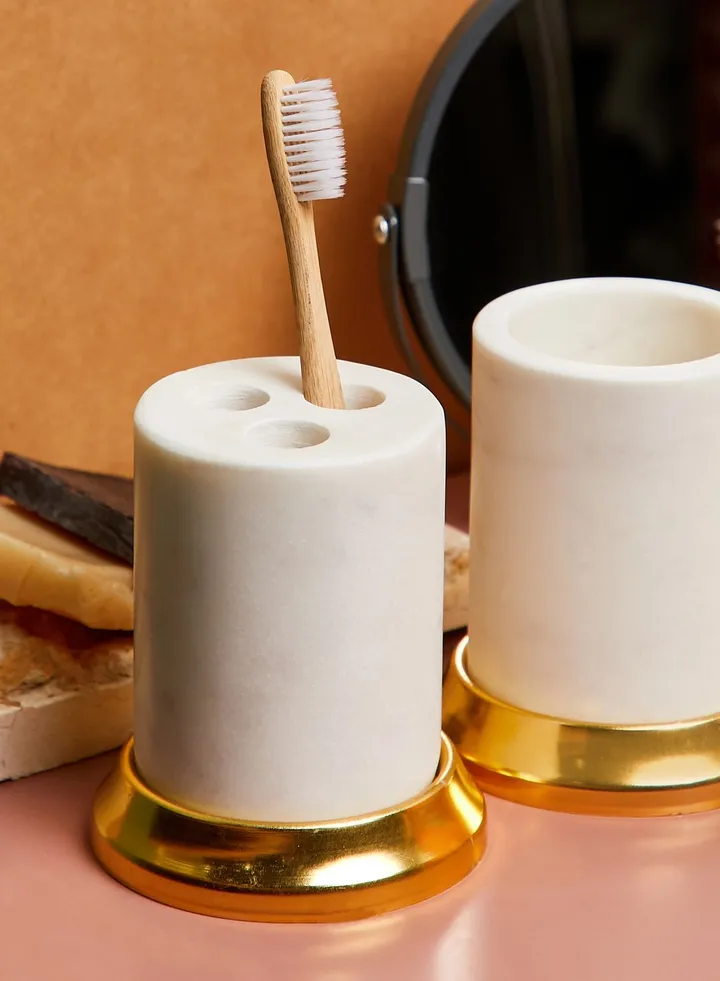 White Marble & Brass Toothbrush Holder