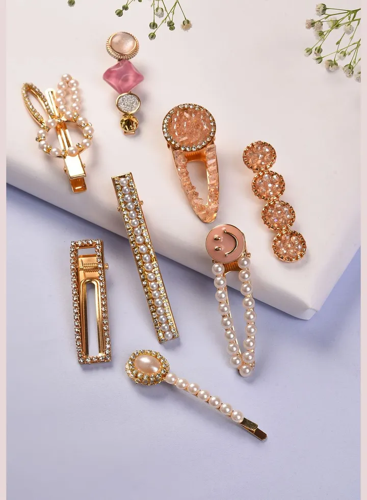 Pack of 8 Gold Plated Designer Stone Pearl Hair Pin