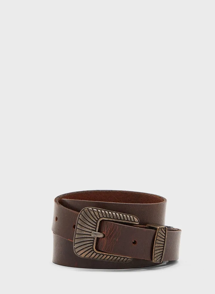 Textured Buckle Leather Belt