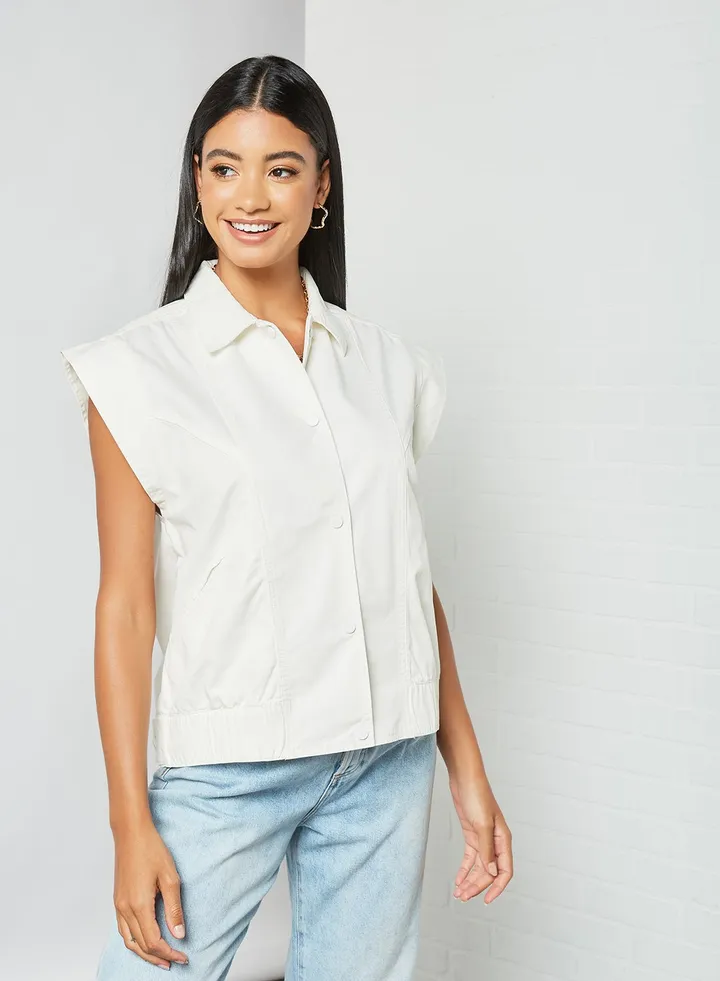 Cap Sleeve Denim Waistcoat Off White