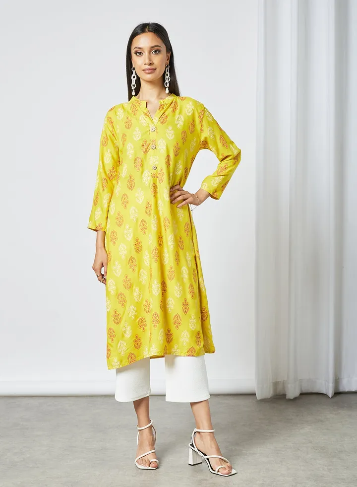 Printed Button Detail Three Quarter Sleeve Mandarin Neck Modest Kurta Yellow