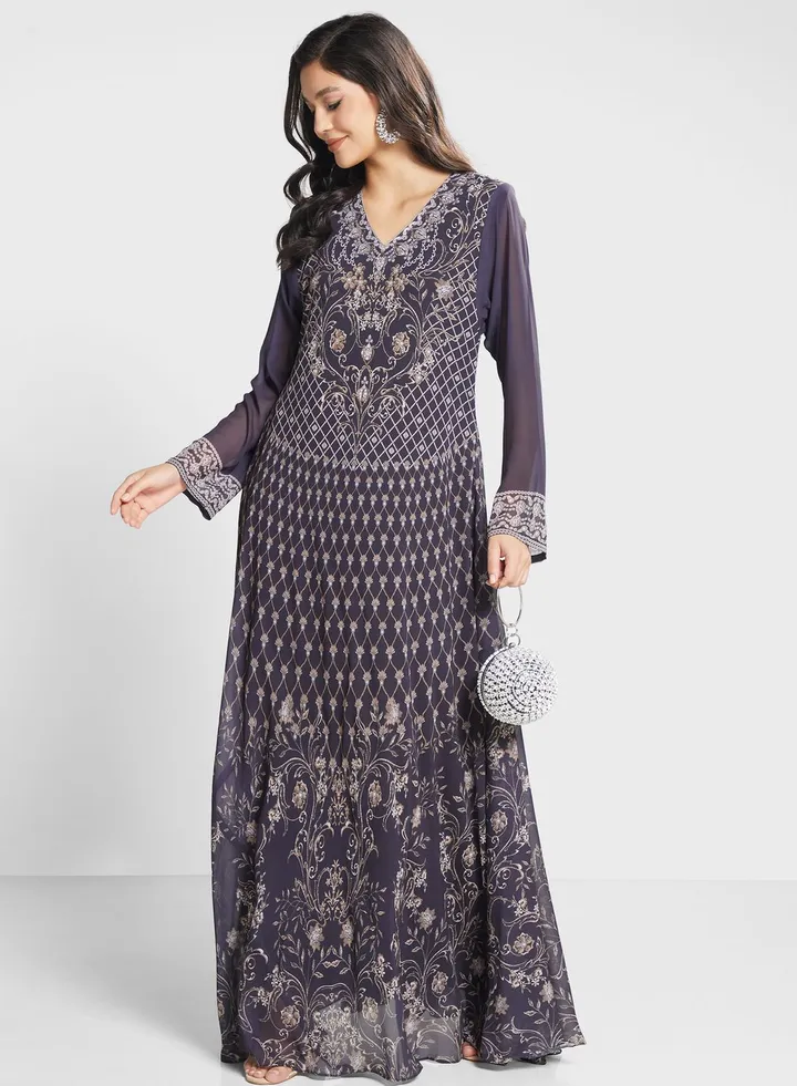 V-Neck Floral Printed Jalabiya
