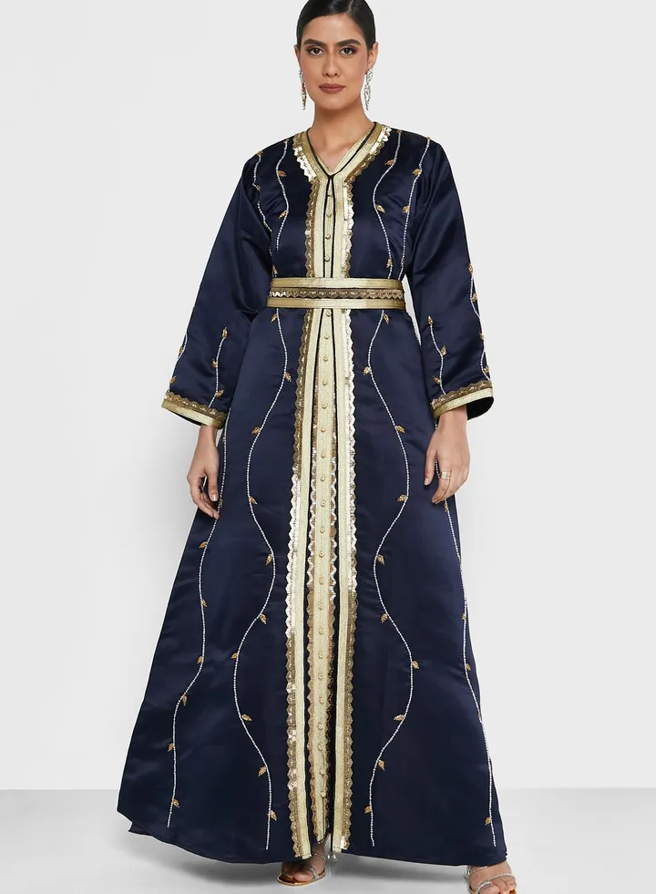 Embellished V-Neck Belted Dress