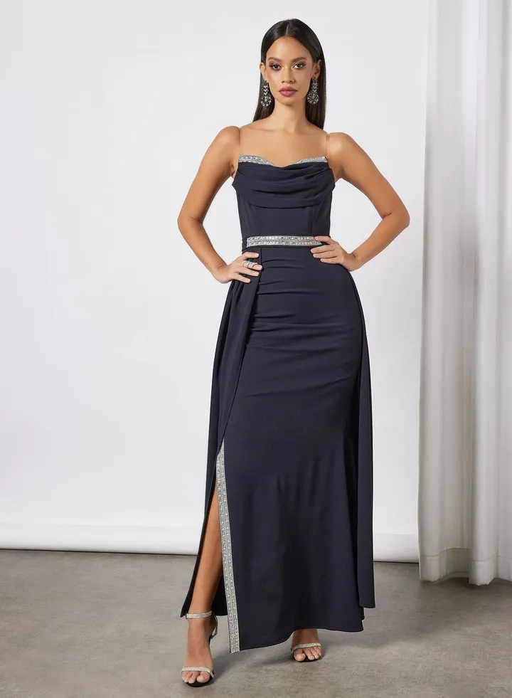 Strapless Cowl Neck Overlay Dress