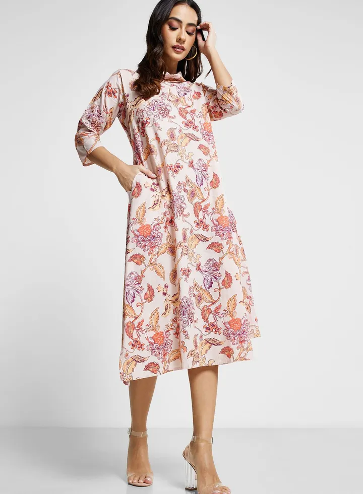 Asymmetric Hem Floral Print Dress
