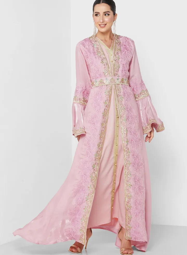 Ruffle Sleeve Belted Embellished Dress