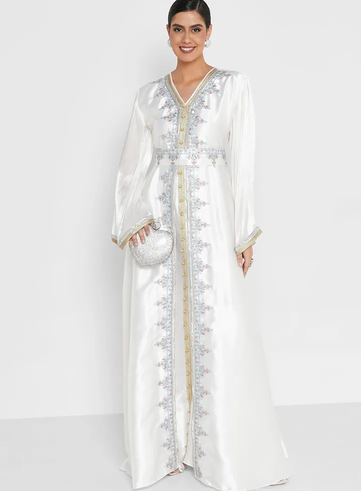 Embellished V-Neck Belted Dress