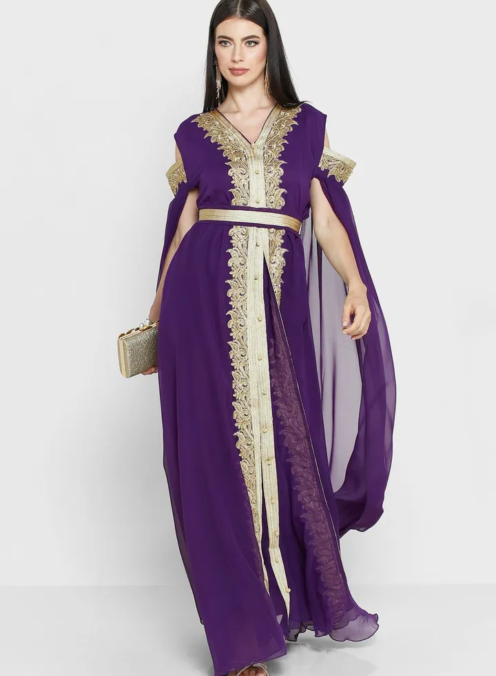 Split Sleeve Embellished Belted Dress