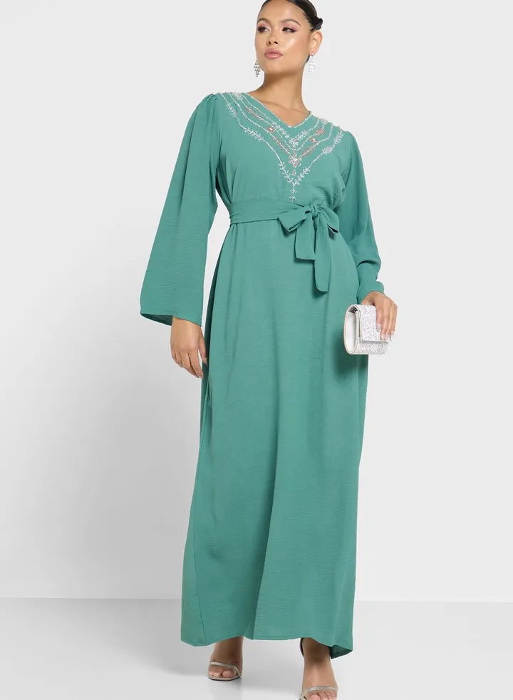 V-Neck Embellished Jalabiya