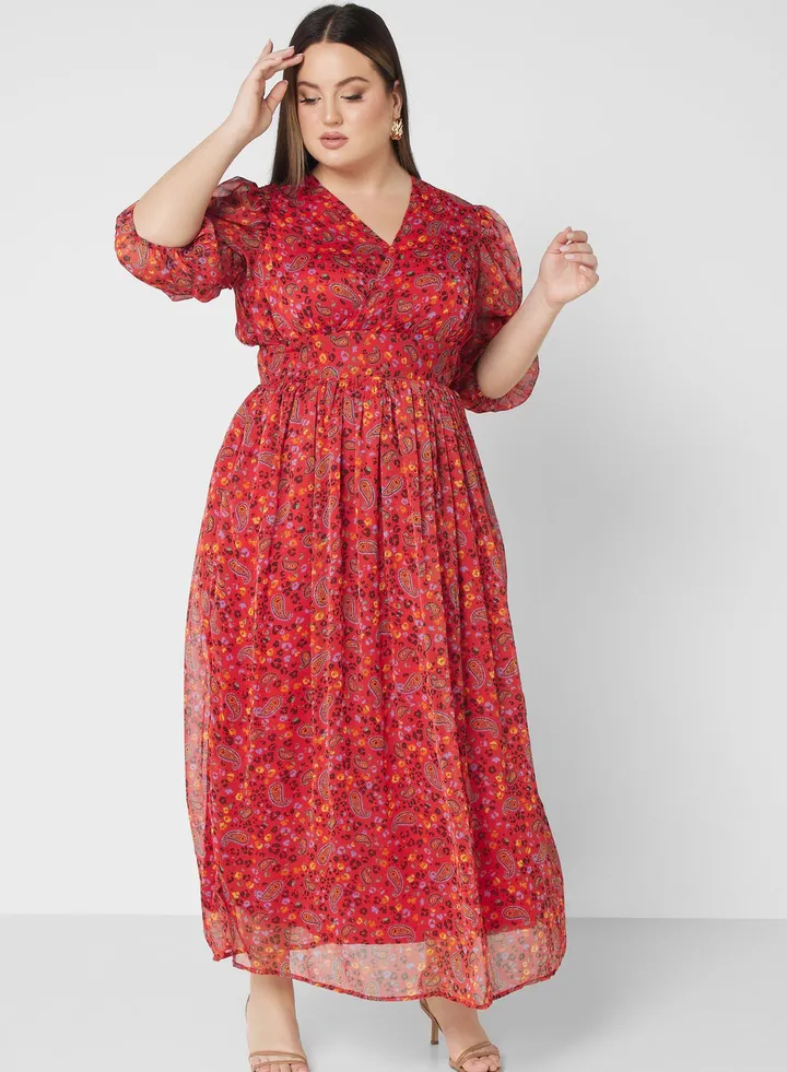 Printed Cuff Sleeve Fit & Flare Dress