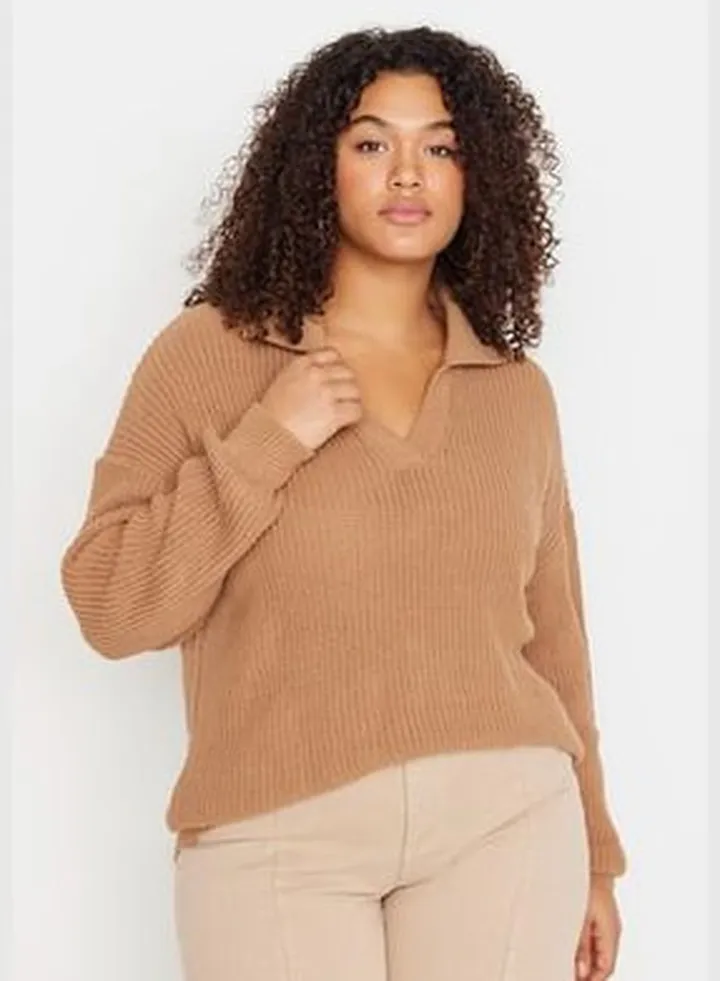 Camel Shirt Collar Knitwear Sweater