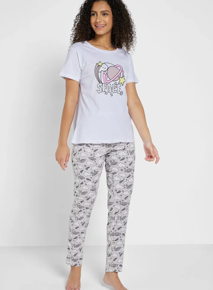 Graphic Nightwear T-Shirt And Pyjama Set