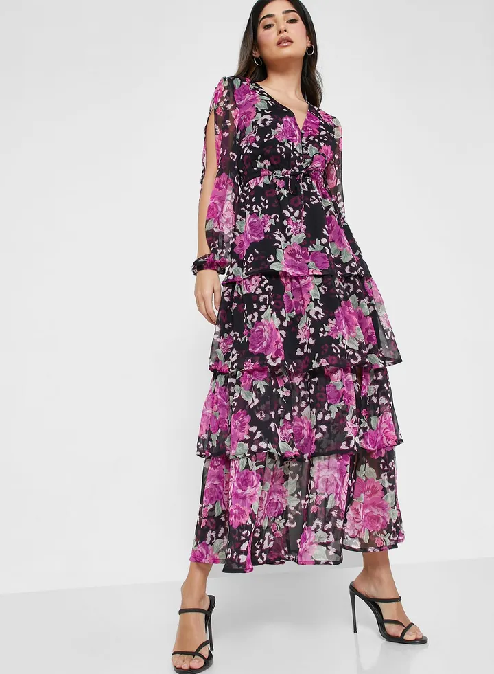 Floral Print Tiered Detail Dress
