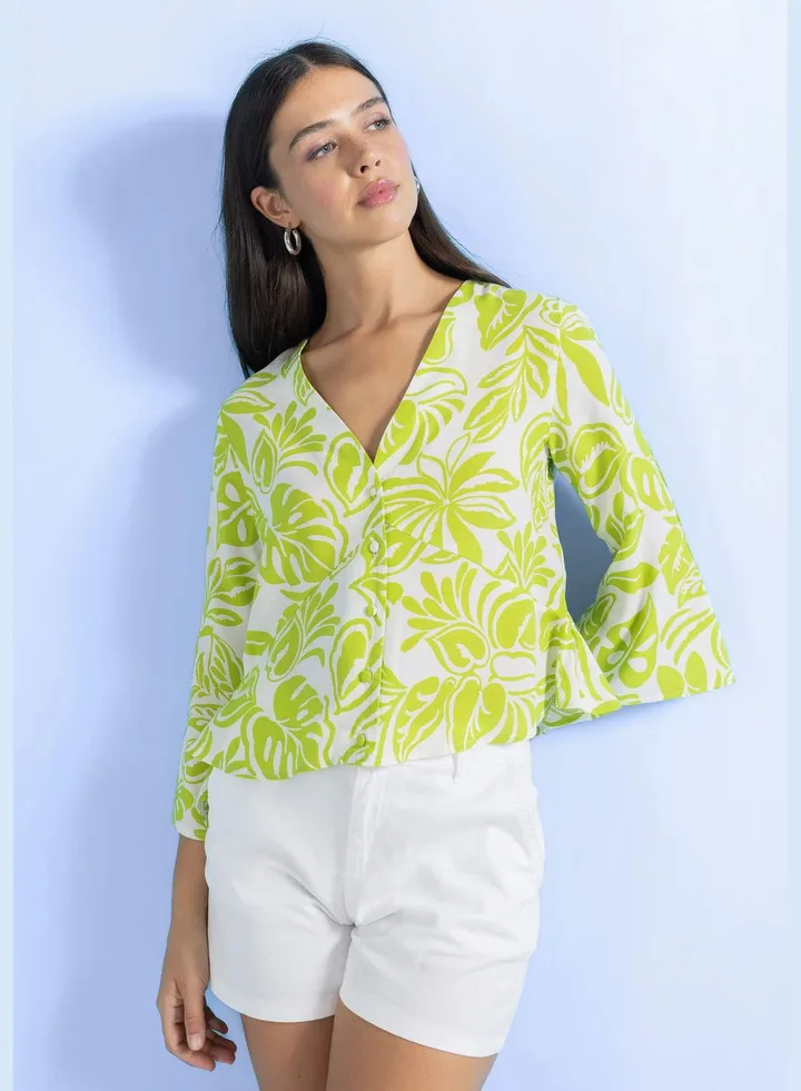 Woman V Neck Woven Long Sleeve Blouse