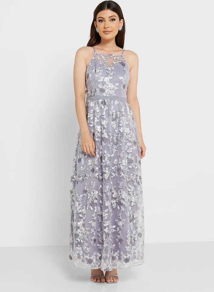 Embroidered Ruched Waist Floral Dress