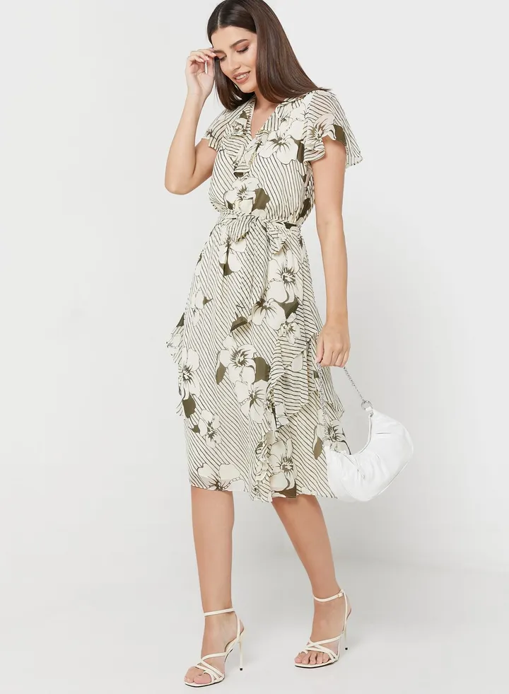 V-Neck Tie Detail Waterfall Trim Dress
