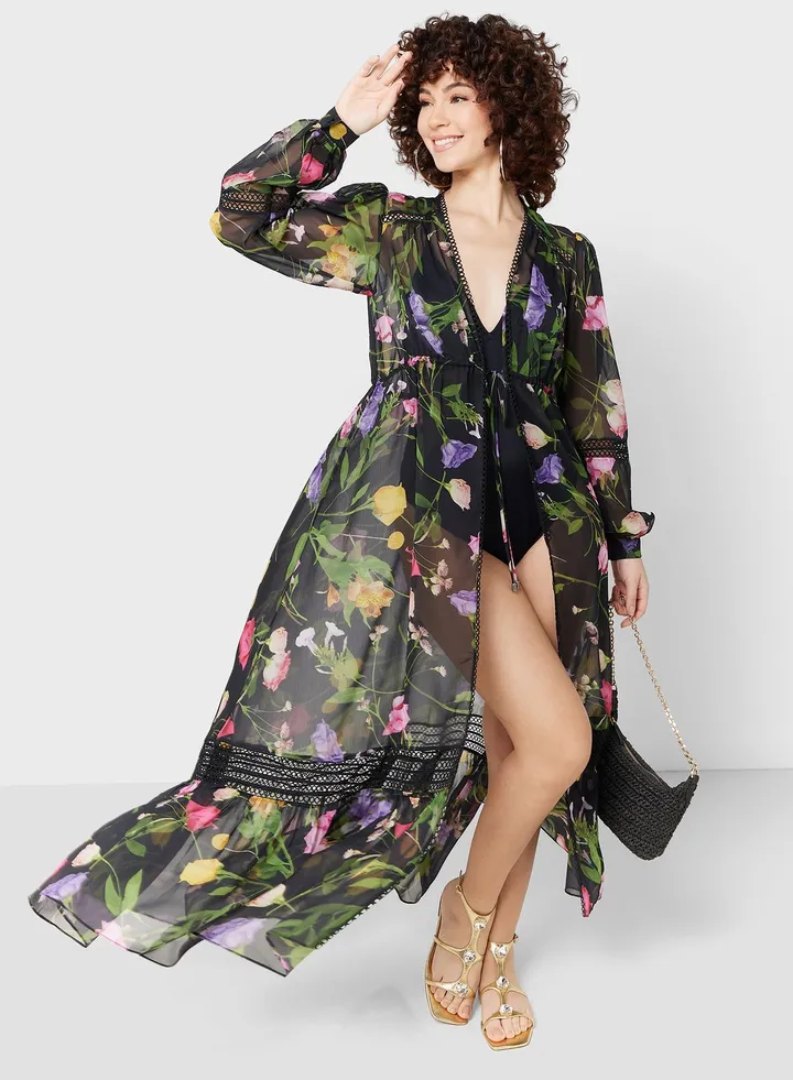 Front Slit Balloon Sleeve Printed Beachwear Dress