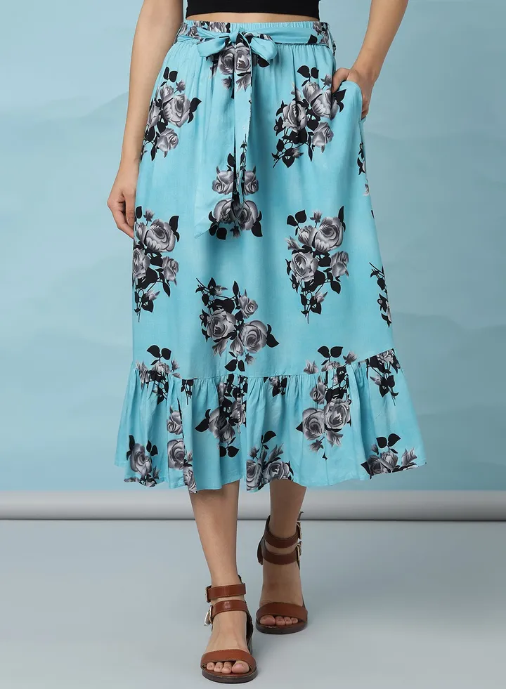 Casual Floral Midi Skirt Pale Turquoise