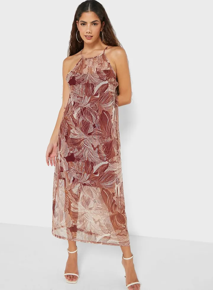 Mesh Detail Printed Dress