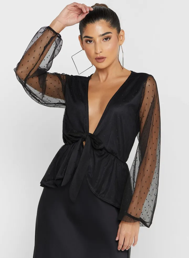 Mesh Sleeve Plunge Neck Knot Detail Crop Top