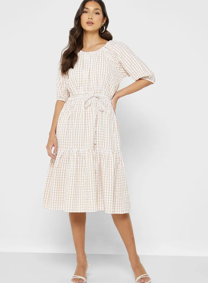 Checked Puff Sleeve Dress