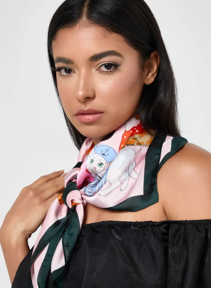 Quirky Cat Print Silky Scarf