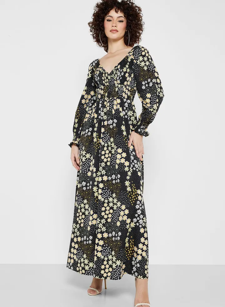 Floral Print Shirred Dress