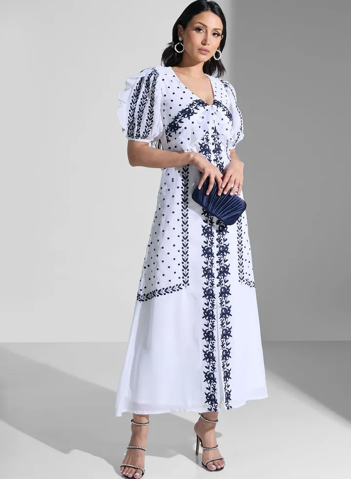 Embroidered Puff Sleeve Dress