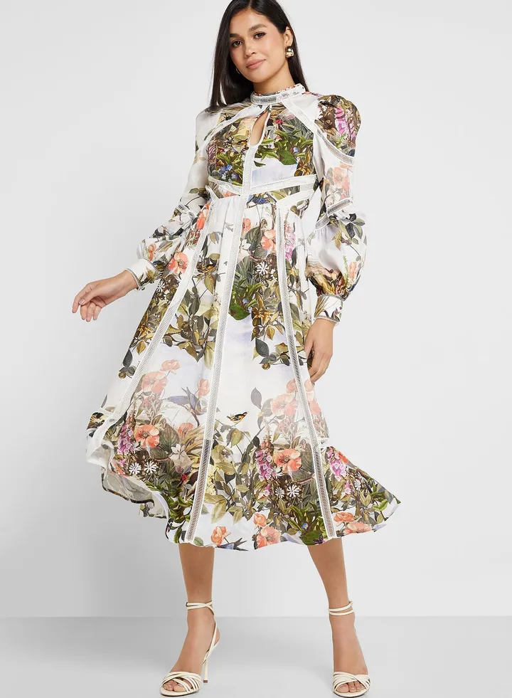 Printed High Neck Ruffle Dress