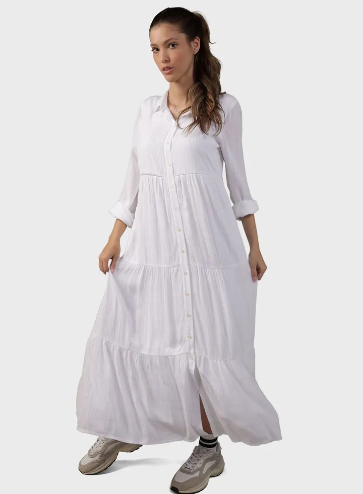 Button Detailed Puff Sleeve Shirt Dress