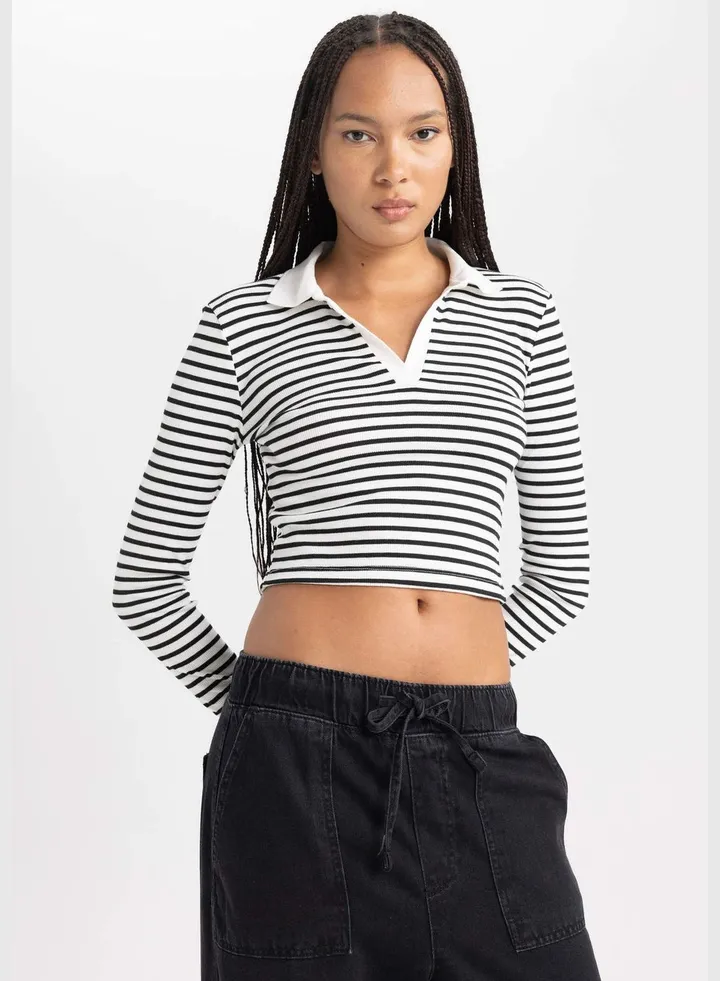 Woman Polo Neck Knitted Long Sleeve T-Shirt