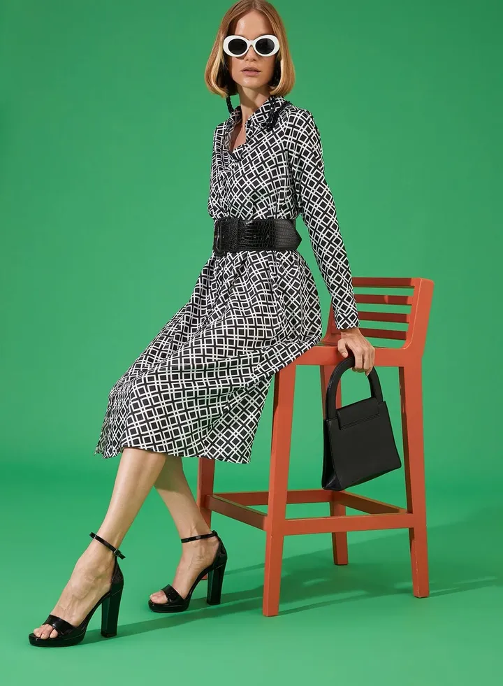 Geometric Print Belted Dress