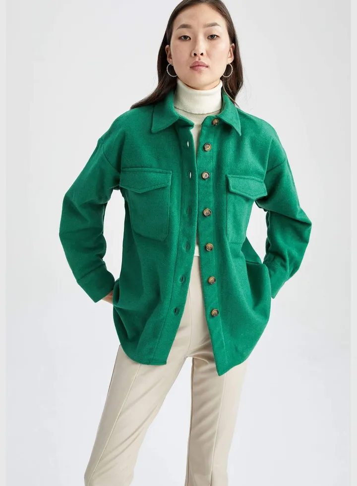 Woman Shacket Woven Long Sleeve Shirt