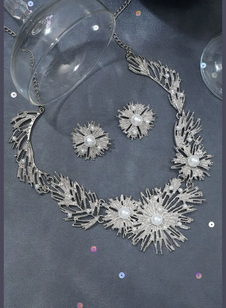 Silver Plated Designer Party Necklace and Earring Set For Women