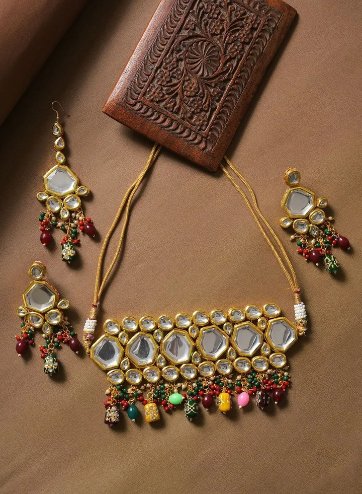 Gold Plated Designer Kundan Necklace, Earrings and Maang Tikka Set