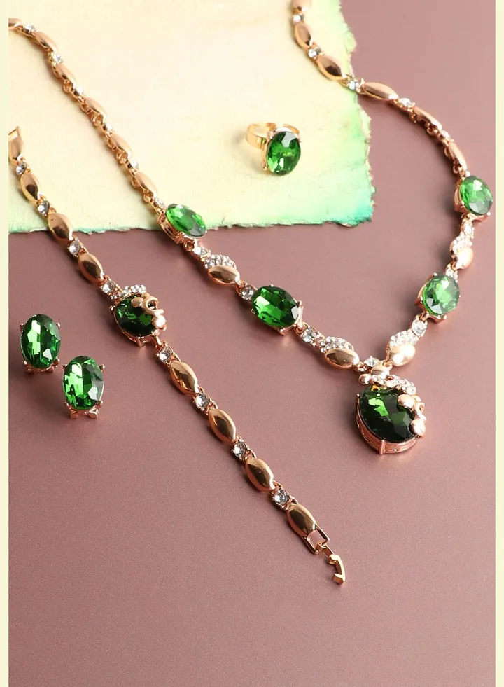 Gold Plated Designer Stone Necklace, Earring, Ring and Bracelet Set
