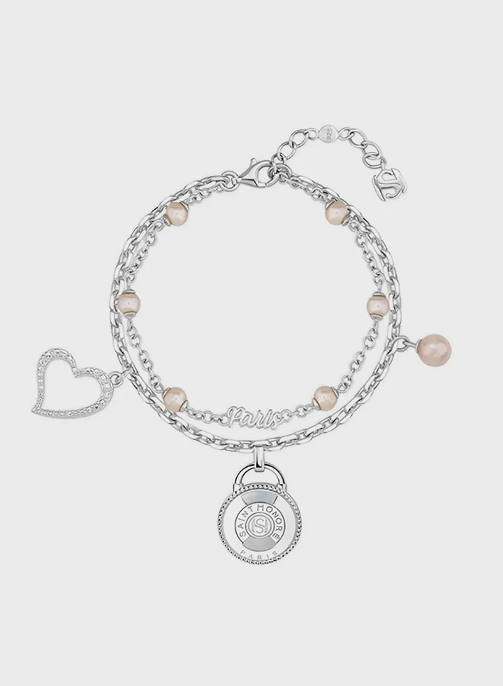 Hanging Charms Double Layer Pink Frewater Pearls Bracelet