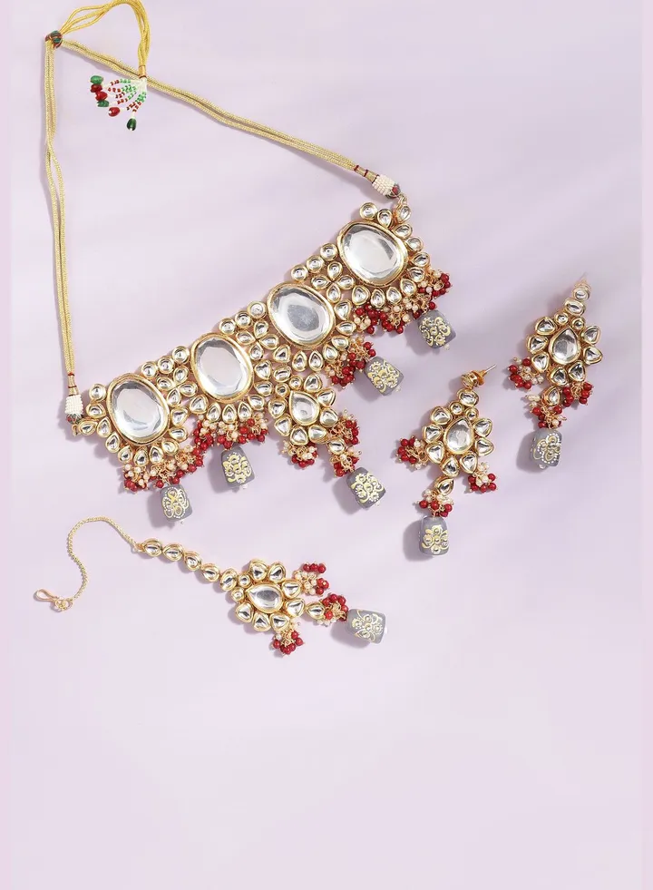 Gold Plated Designer Stone Party Necklace, Earrings and Maang Tikka Set For Women