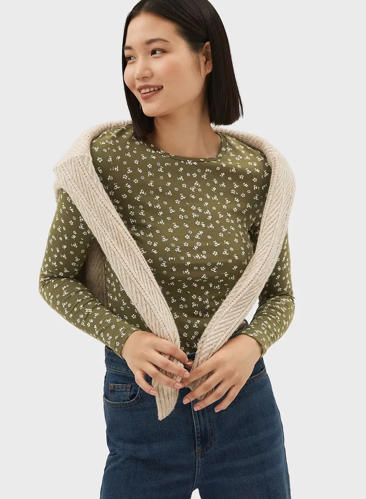 Cotton Rich Printed Fitted Long Sleeve Top